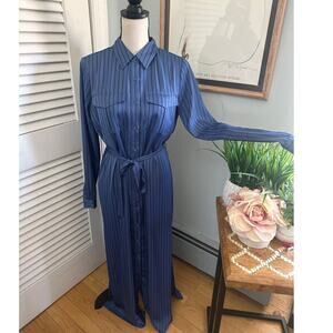 L ACADEMIE Womens Shirt Dress Blue Satin Striped Belted Elegant Workwear SMALL